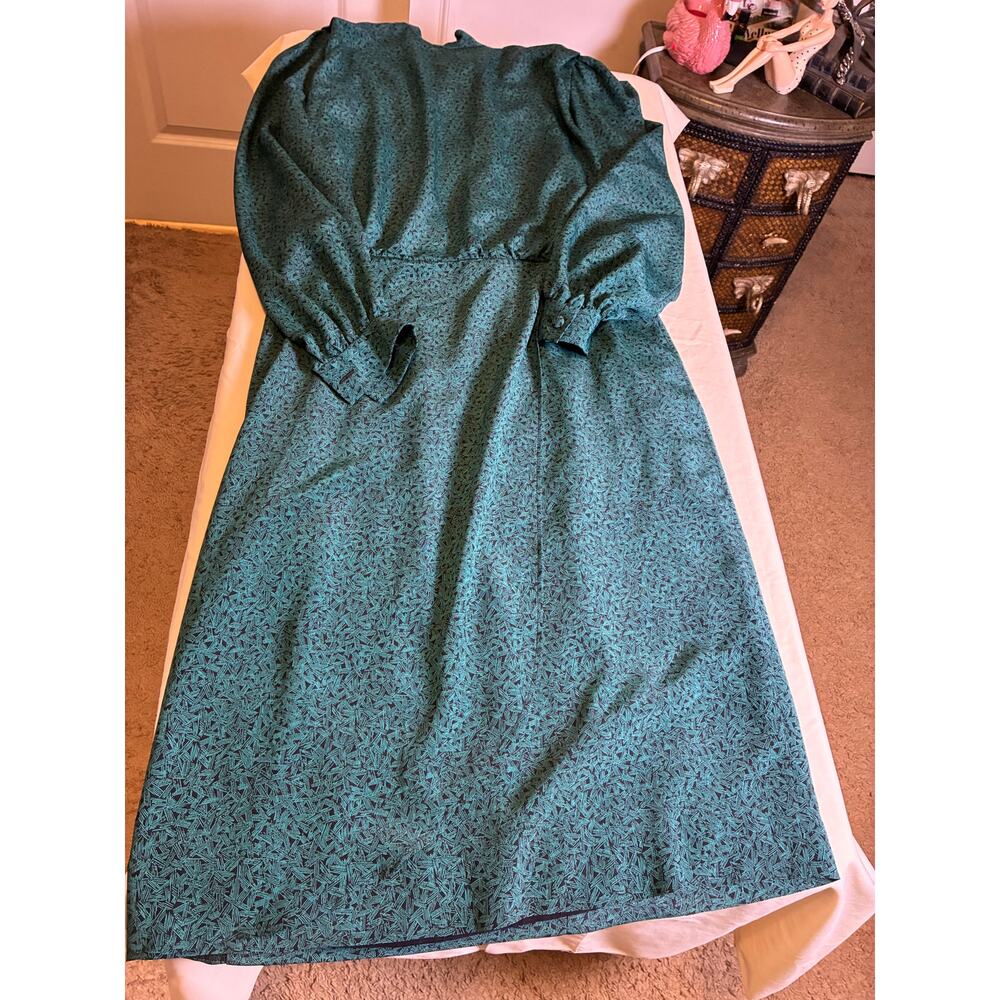 Vintage 80s Prairie Dress Teal Geometric Print Puff Sleeve Cottagecore Midi